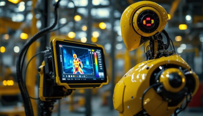A photograph of a sleek industrial robot equipped with a thermal camera in action