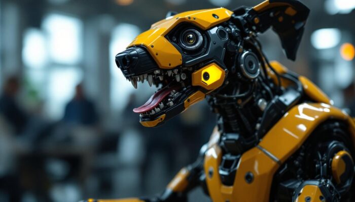 A photograph of capture a photograph of a lifelike animatronic dog in a dynamic pose