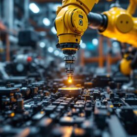A photograph of a close-up shot of an industrial robotic arm using a phone inspection camera to examine intricate machinery components