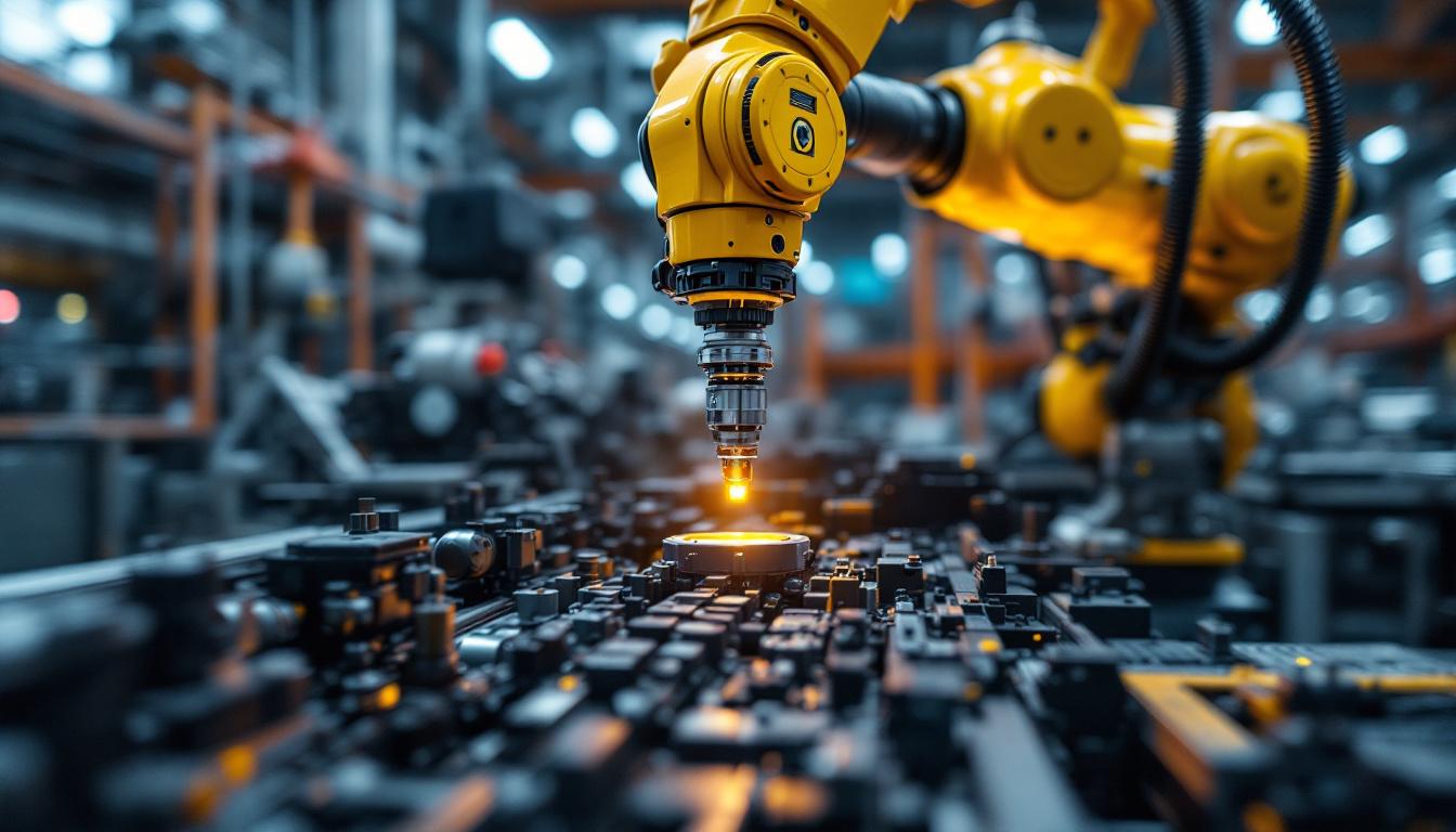 A photograph of a close-up shot of an industrial robotic arm using a phone inspection camera to examine intricate machinery components