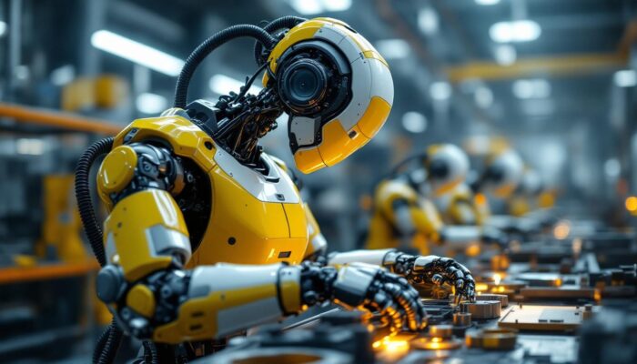 A photograph of a sleek industrial robot in action within a manufacturing environment