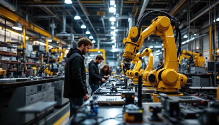 A photograph of a dynamic industrial robotics lab at boston university