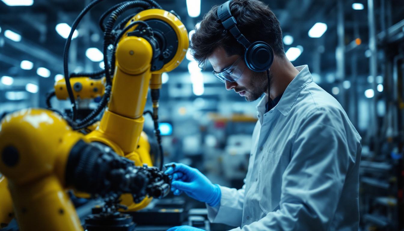 A photograph of a skilled technician working on an industrial robotic arm in a modern manufacturing environment