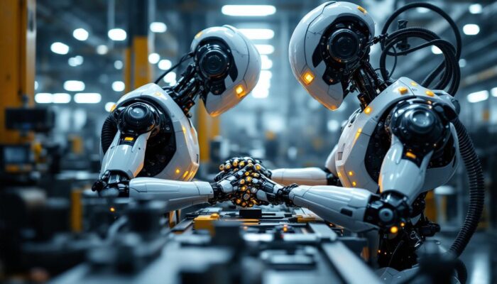 A photograph of a sleek industrial robot in action within a manufacturing environment