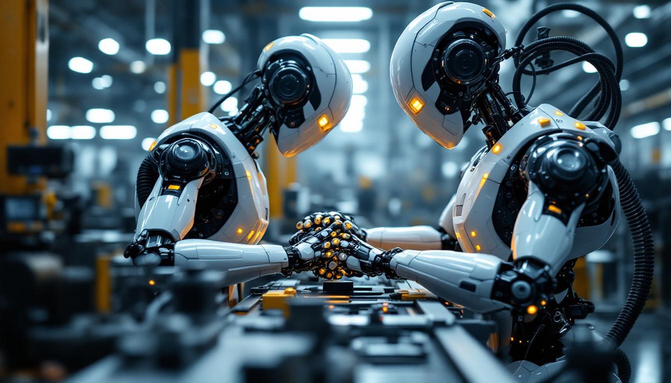 A photograph of a sleek industrial robot in action within a manufacturing environment