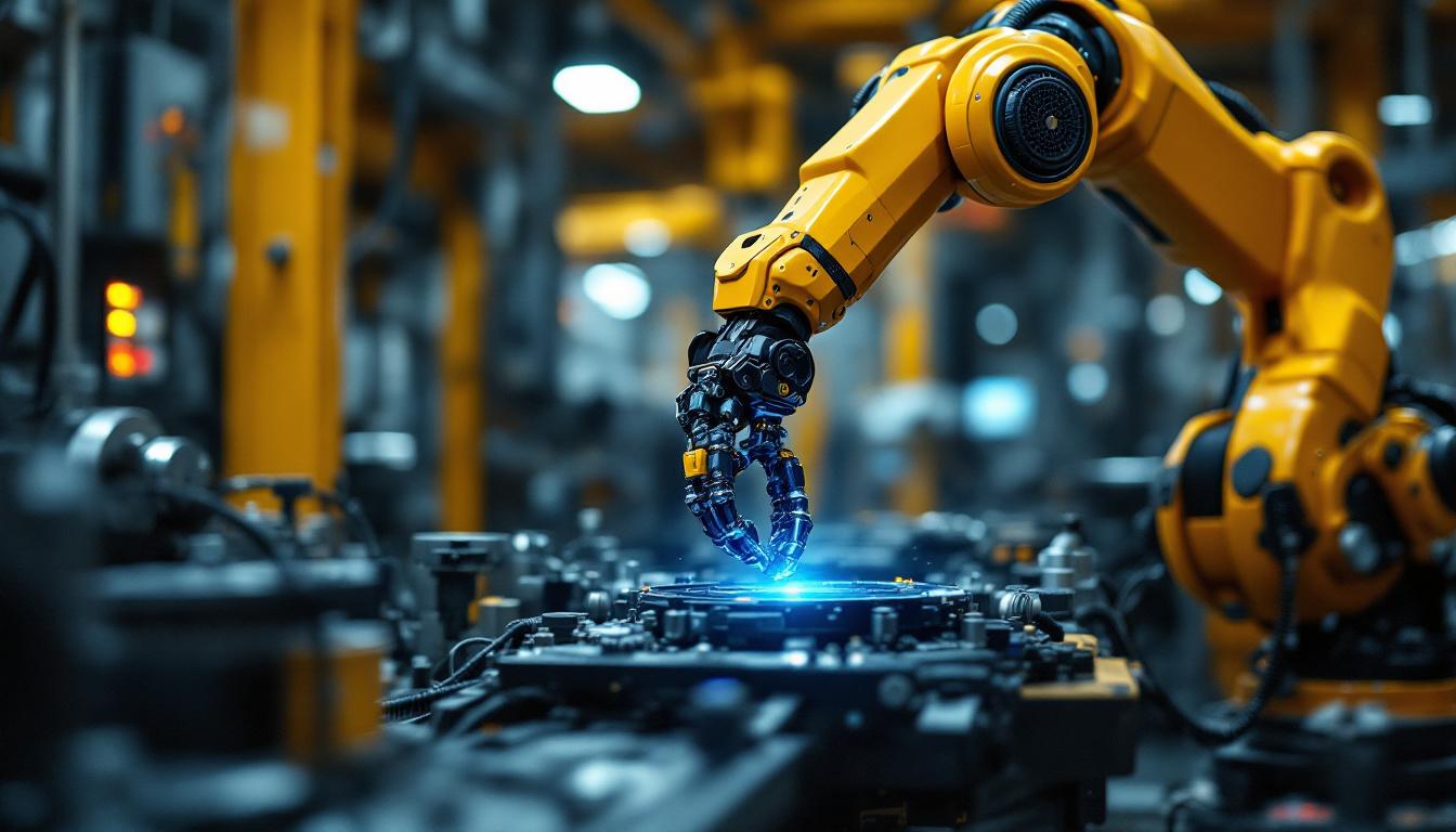 A photograph of a dynamic industrial setting showcasing a robotic arm in action