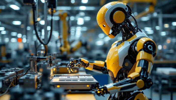 A photograph of a sleek industrial robot in action within a manufacturing environment