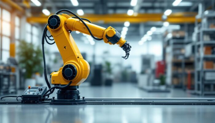 A photograph of a modern industrial robotic arm in action