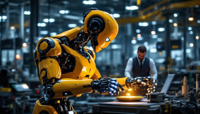 A photograph of a sleek industrial robot in action within a modern manufacturing facility