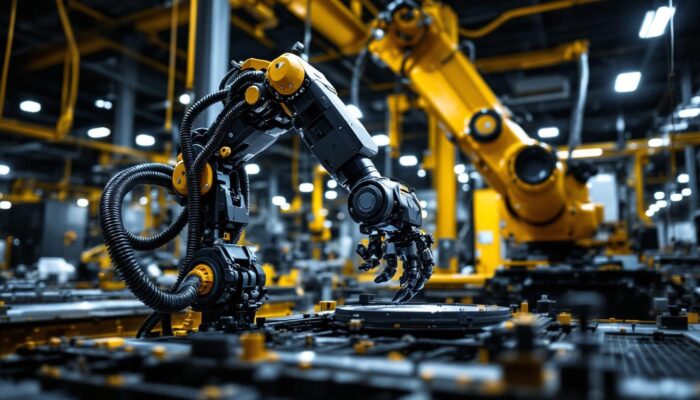 A photograph of a sleek industrial robot in action within a boston-based manufacturing facility