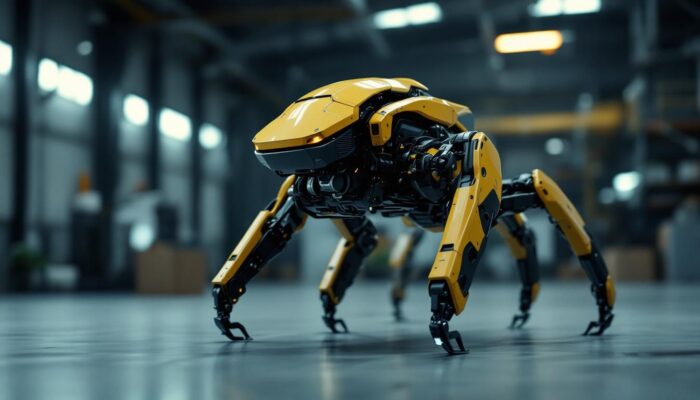 A photograph of a dynamic quadrupedal robot in motion
