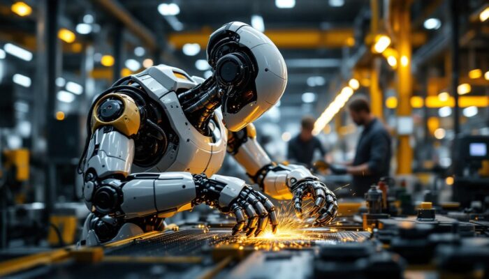 A photograph of a sleek industrial robot in action