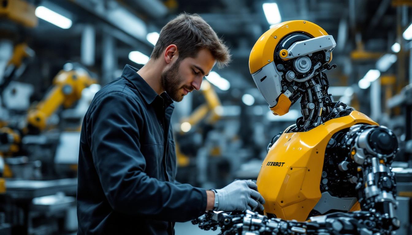 A photograph of a skilled mechanical engineering intern working alongside an industrial robot in a modern manufacturing setting