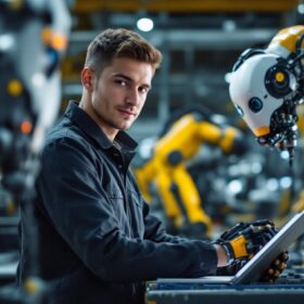 A photograph of a young intern mechanical engineer working alongside industrial robots in a modern manufacturing setting