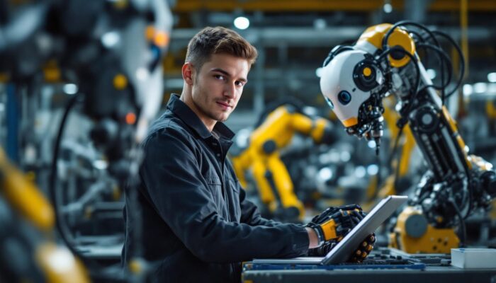 A photograph of a young intern mechanical engineer working alongside industrial robots in a modern manufacturing setting