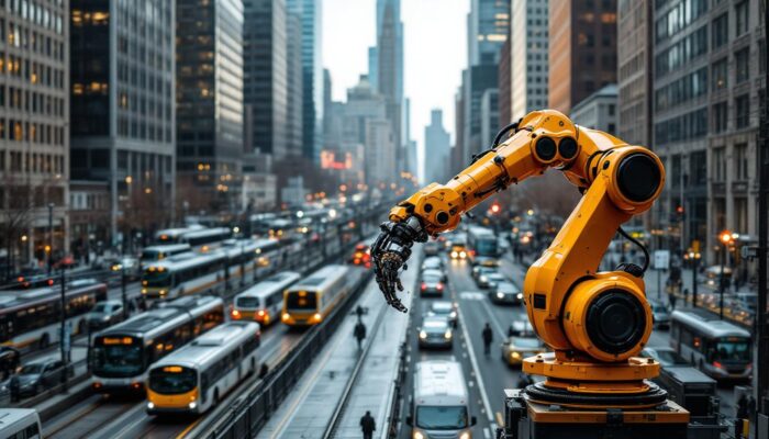 A photograph of a bustling boston cityscape featuring a mix of public transportation options