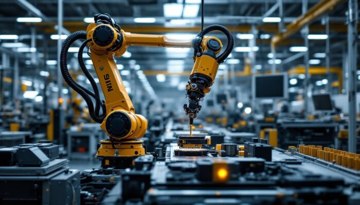 A photograph of an industrial robotic arm in action within a modern manufacturing facility