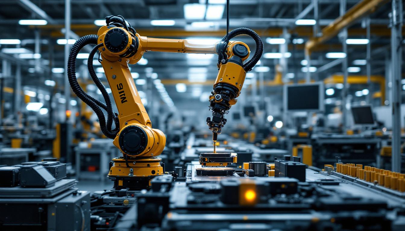 A photograph of an industrial robotic arm in action within a modern manufacturing facility