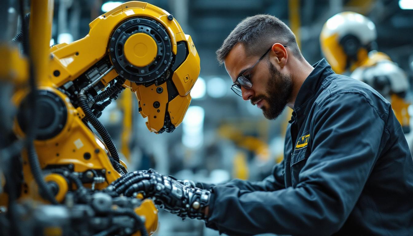 A photograph of a skilled robotics technician working on an industrial robot in a modern manufacturing setting