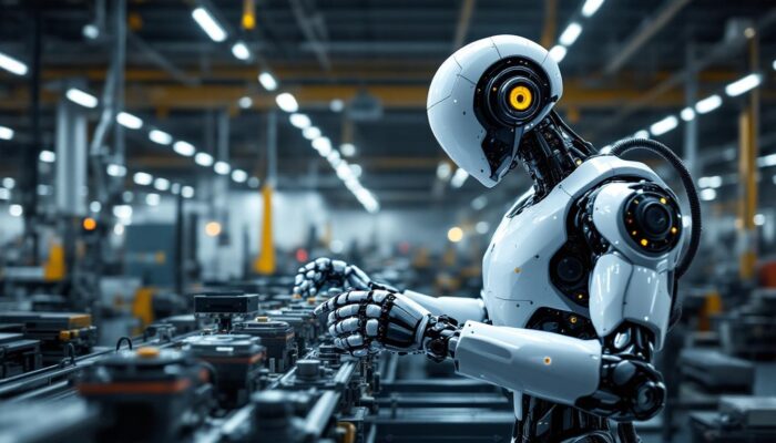 A photograph of a sleek industrial robot in action within a modern manufacturing facility