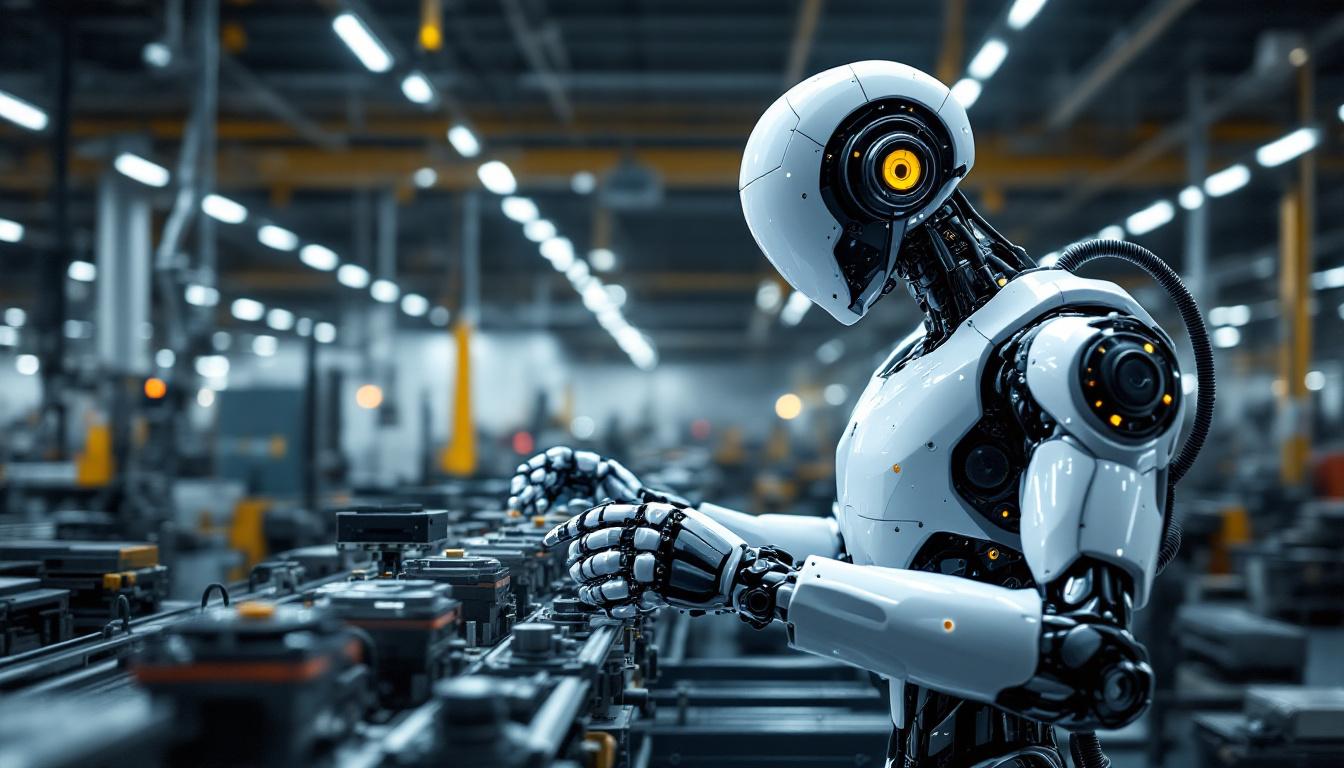A photograph of a sleek industrial robot in action within a modern manufacturing facility