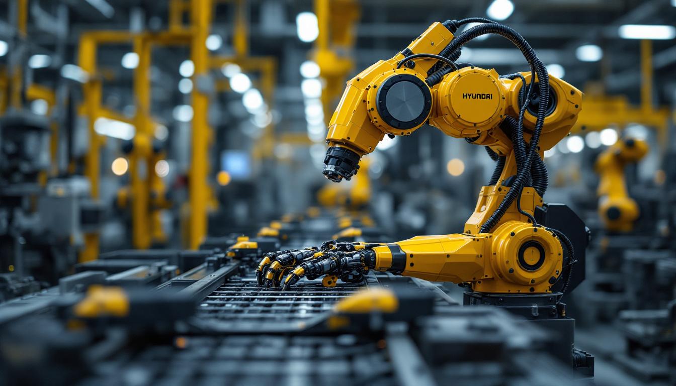 A photograph of capture a photograph of a hyundai industrial robot in action within a manufacturing setting