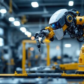 A photograph of a sleek industrial robot in action within a boston manufacturing facility