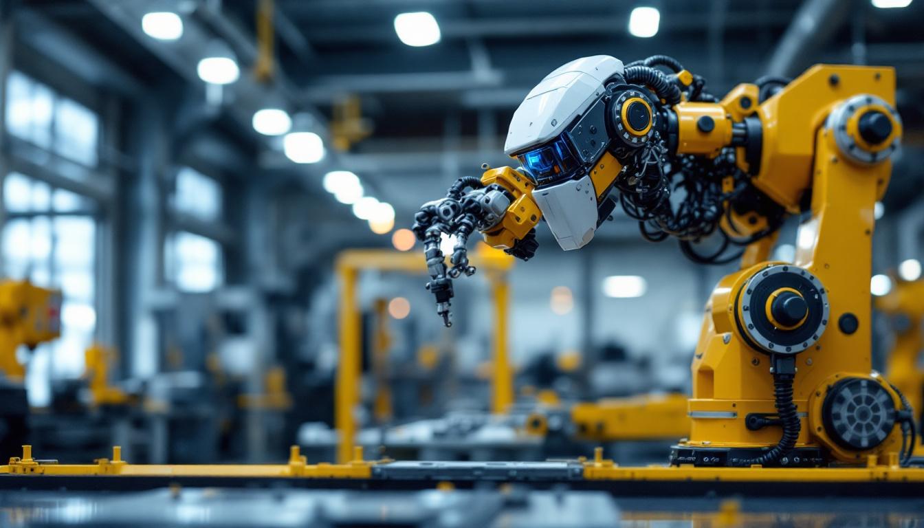 A photograph of a sleek industrial robot in action within a boston manufacturing facility