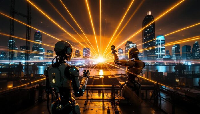A photograph of a dynamic laser light show illuminating the boston skyline