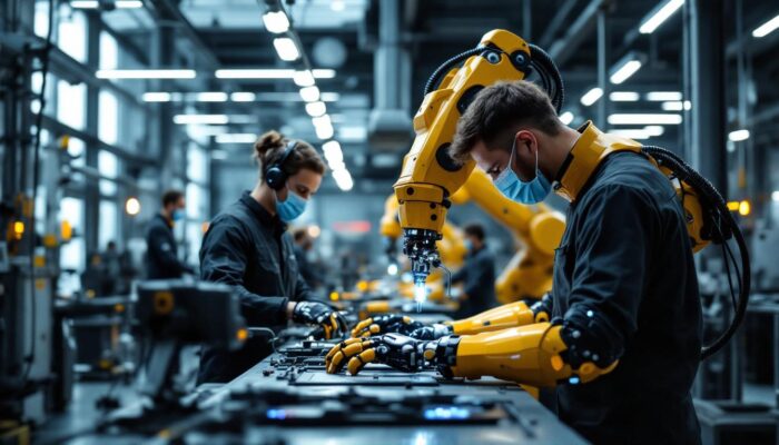 A photograph of a modern industrial workspace that showcases a collaborative environment between humans and advanced robots