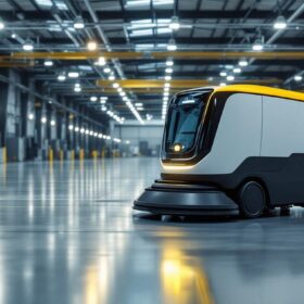 A photograph of a sleek and modern cleaning robot in action within an industrial setting