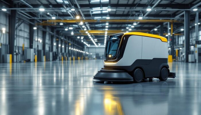 A photograph of a sleek and modern cleaning robot in action within an industrial setting