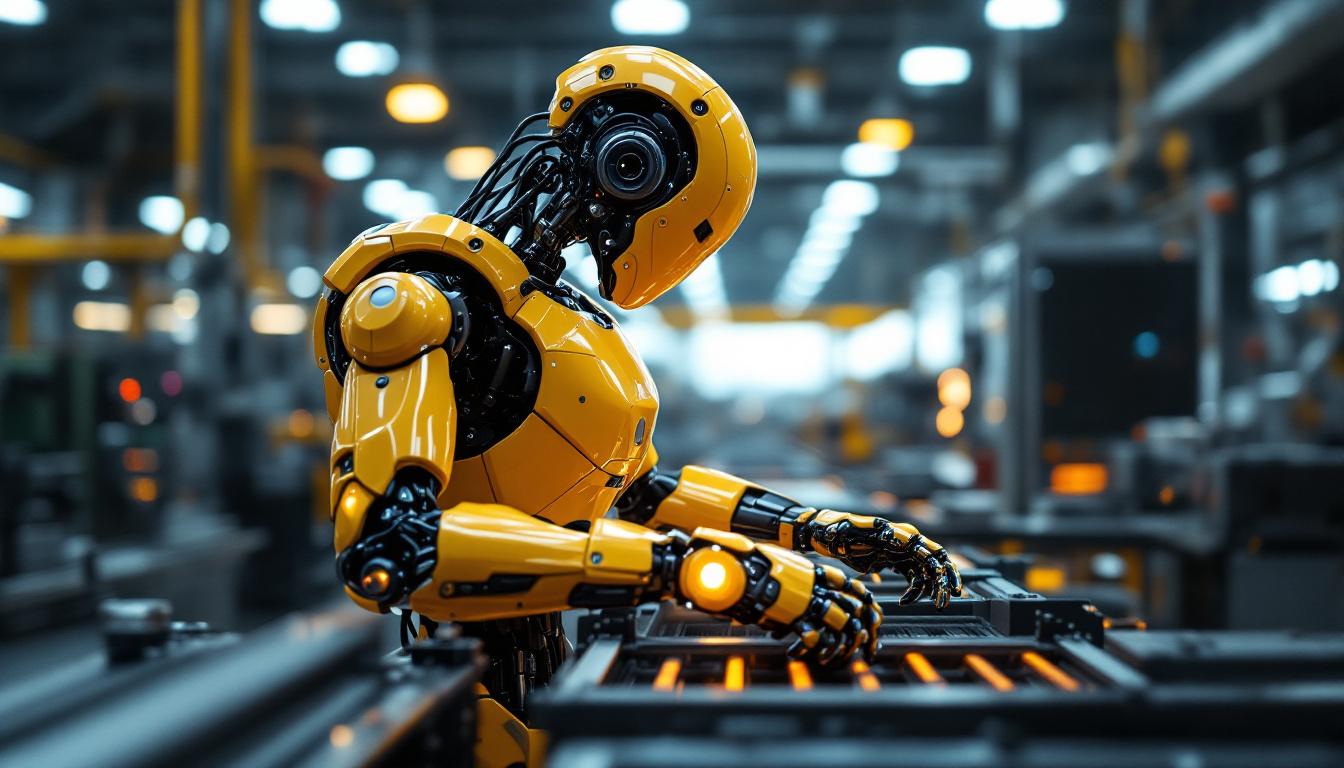 A photograph of a sleek industrial robot in action within a modern manufacturing environment