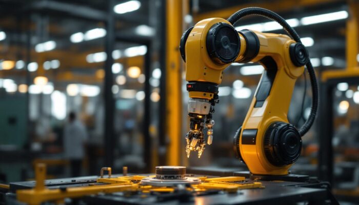 A photograph of a modern industrial robot in action