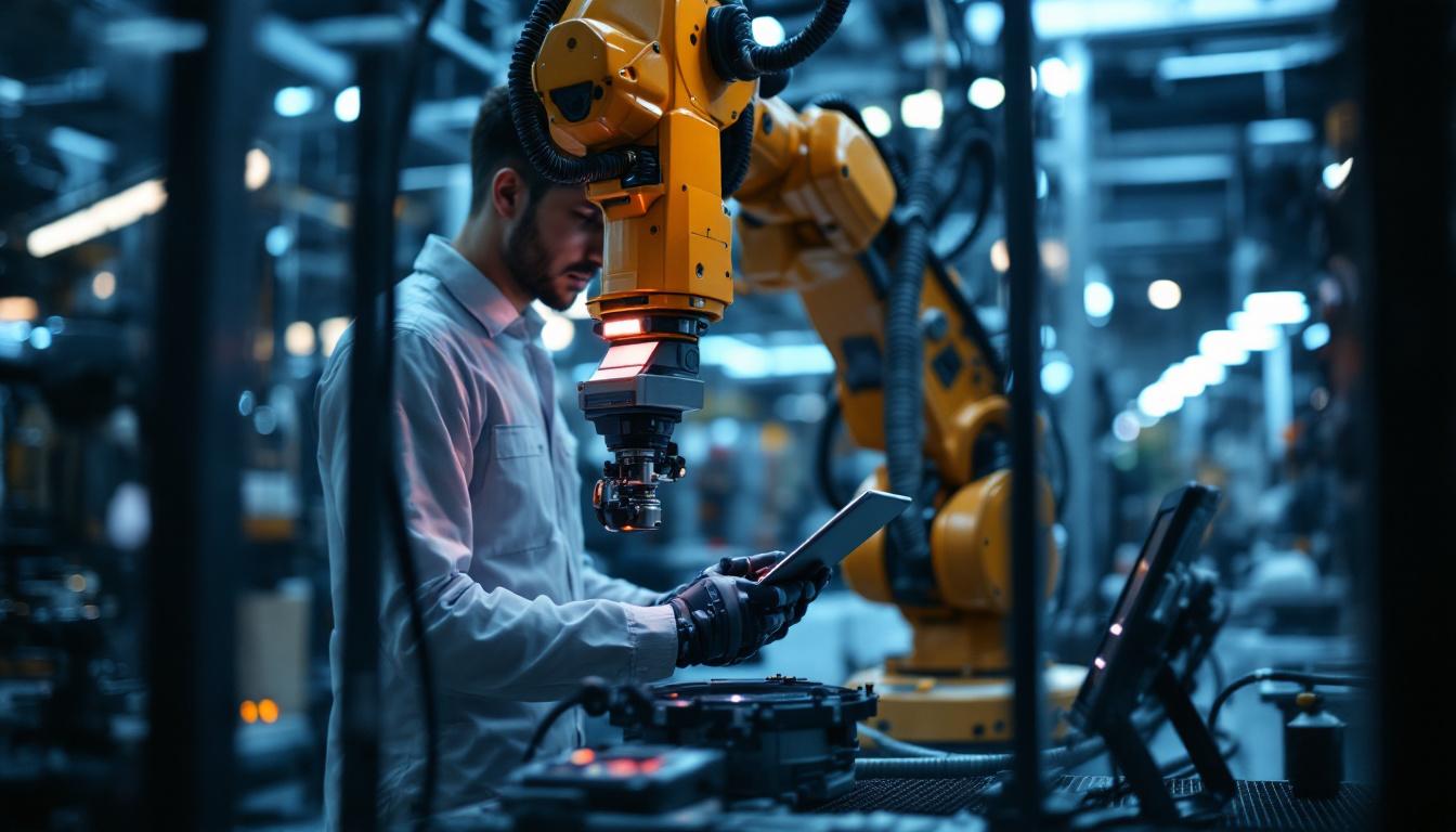 A photograph of a skilled technician programming or operating an industrial robot in a modern manufacturing facility near boston