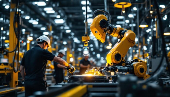 A photograph of a state-of-the-art industrial robot in action on a factory floor
