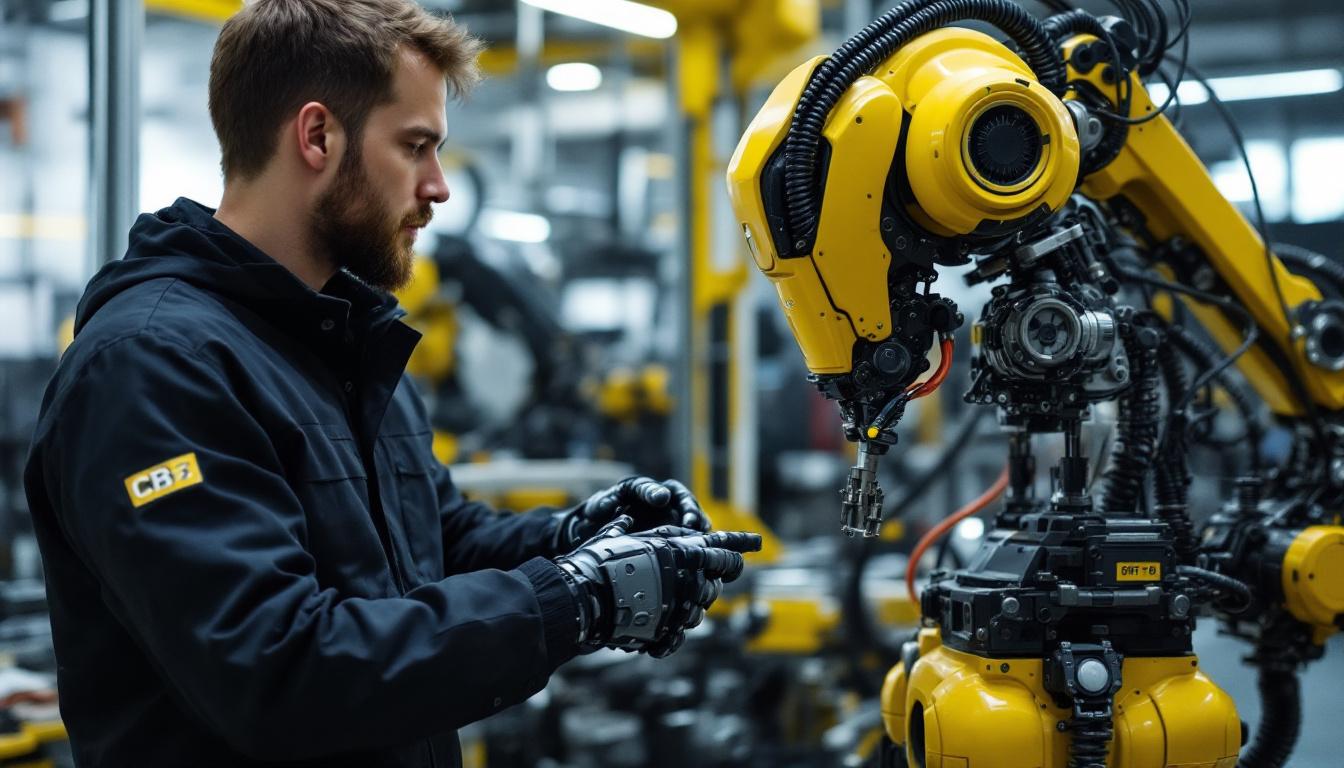 A photograph of a skilled engineer working with an industrial robot in a high-tech lab setting