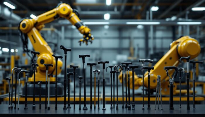 A photograph of a variety of walking canes of different sizes and styles displayed alongside a robotic arm in an industrial setting
