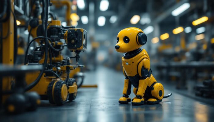 A photograph of a small robotic dog interacting with industrial machinery in a factory setting