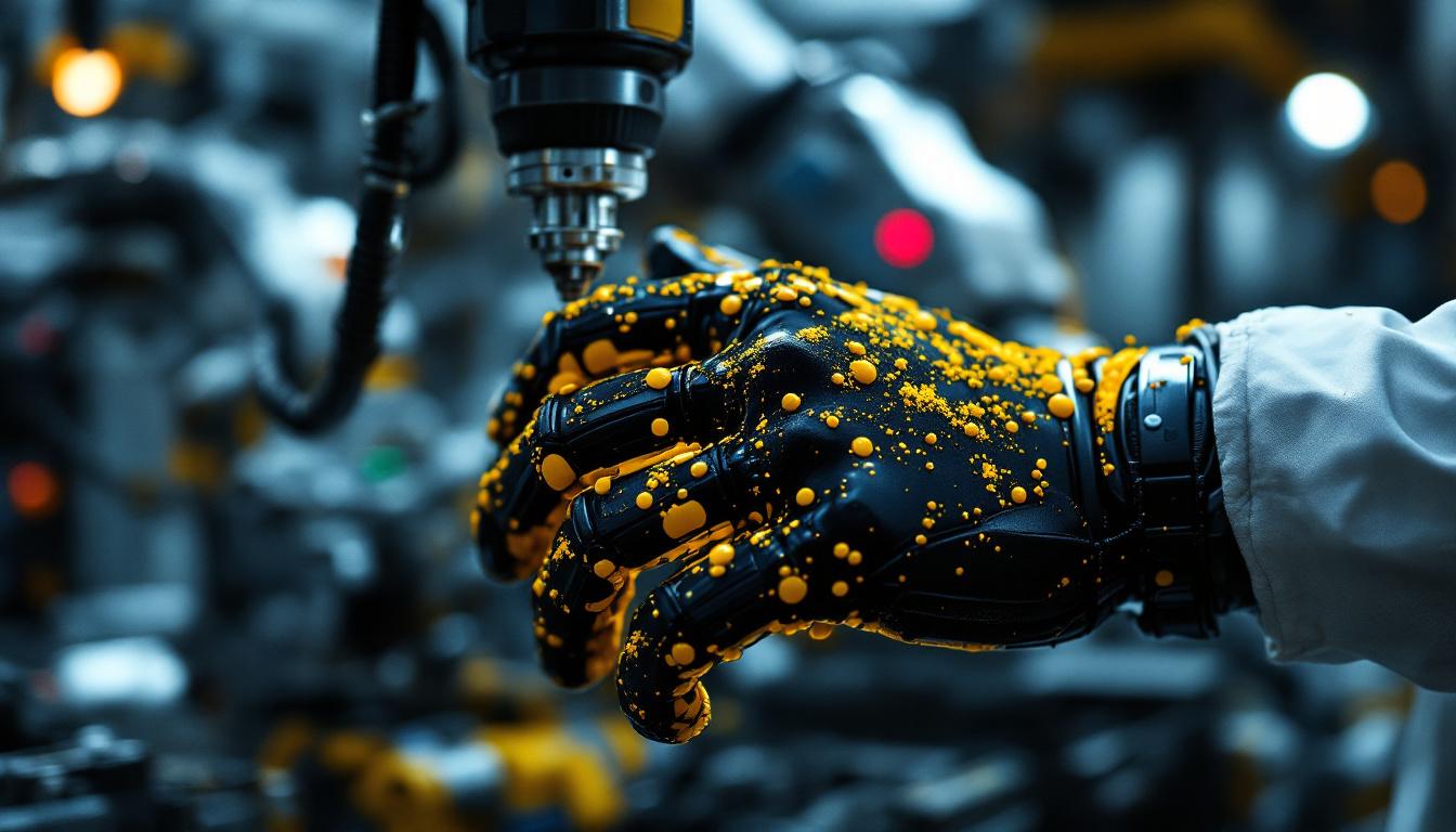 A photograph of a close-up of a worker's hands covered in yellow spots while operating a robotic arm in an industrial setting