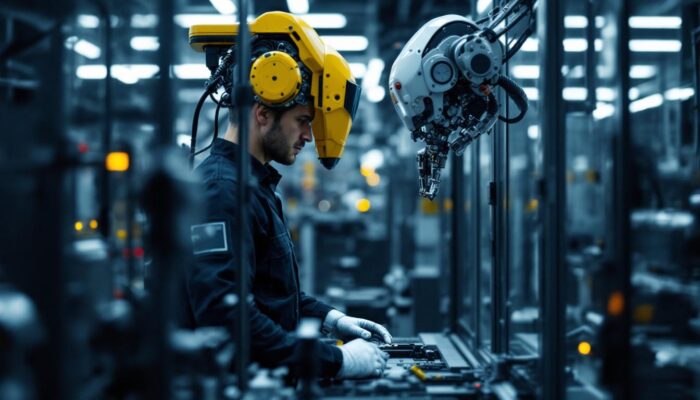 A photograph of a dynamic industrial robotics environment in massachusetts