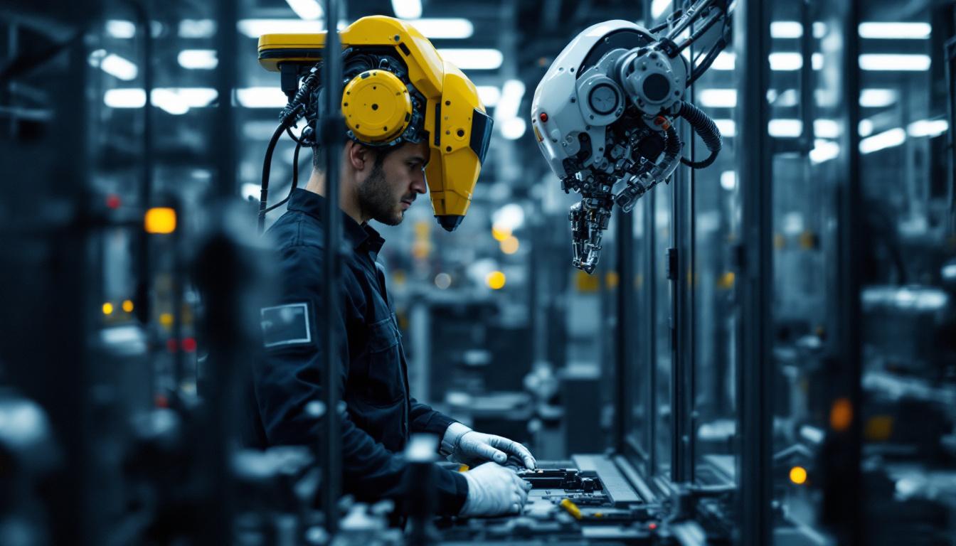 A photograph of a dynamic industrial robotics environment in massachusetts