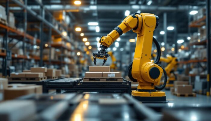 A photograph of a modern industrial warehouse setting featuring a robotic arm in action