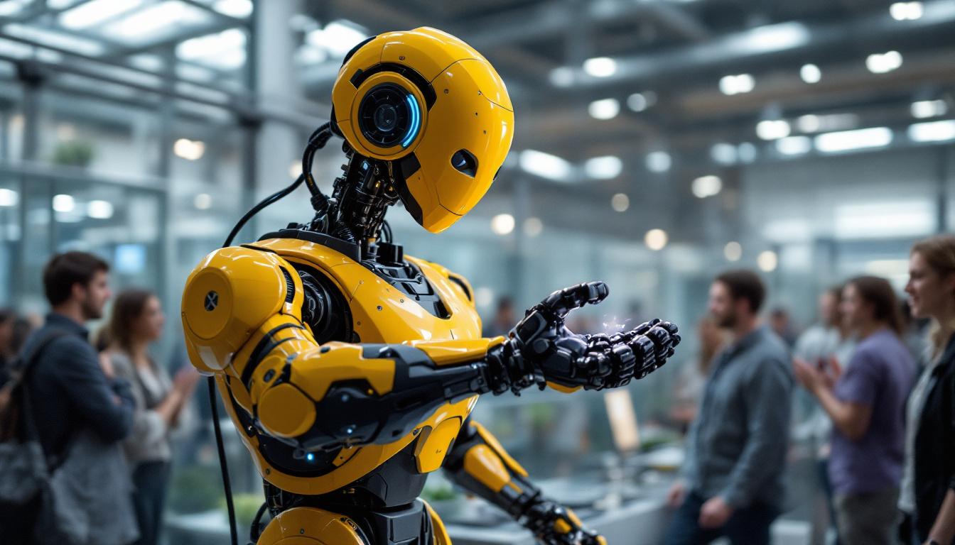A photograph of a dynamic scene featuring an industrial robot in action at the boston museum of science