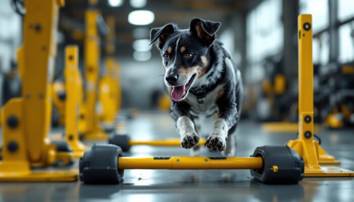 A photograph of a dynamic scene showcasing a dog expertly navigating an agility course
