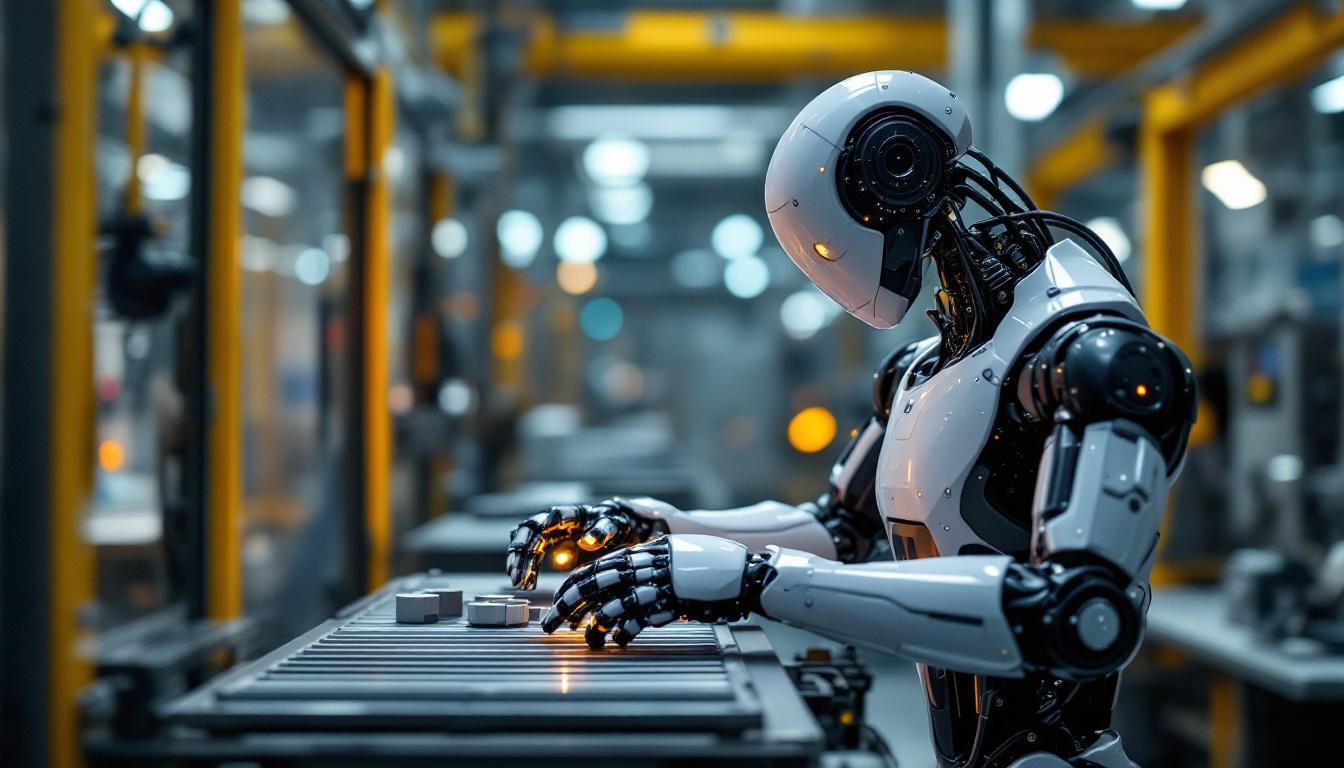 A photograph of a sleek industrial robot in action within a modern manufacturing setting
