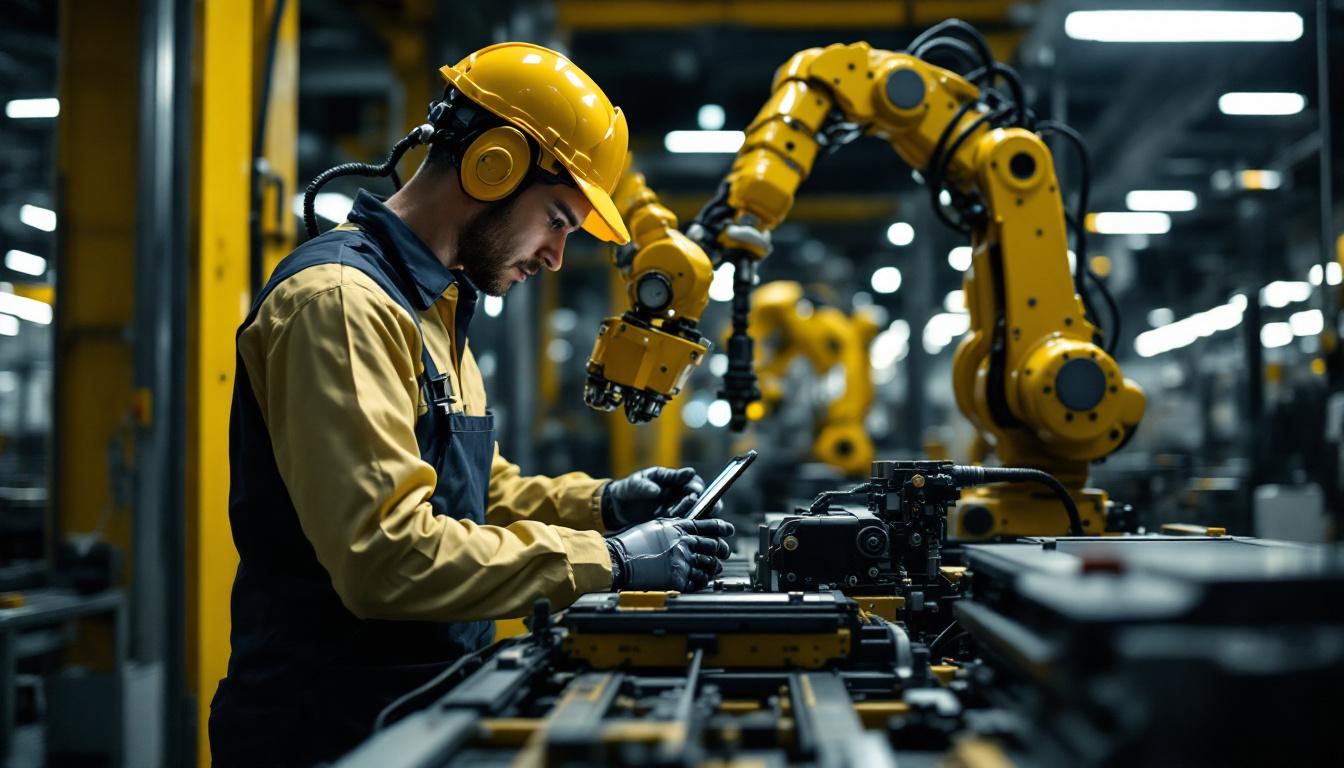 A photograph of a skilled technician operating an industrial robot in a modern manufacturing facility