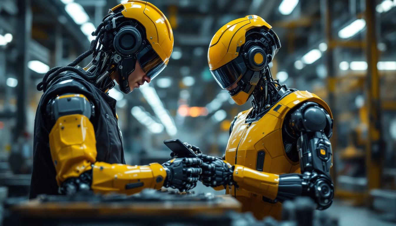 A photograph of a human and a robot working collaboratively in an industrial setting