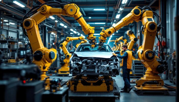 A photograph of a busy industrial collision center showcasing advanced robotic arms in action