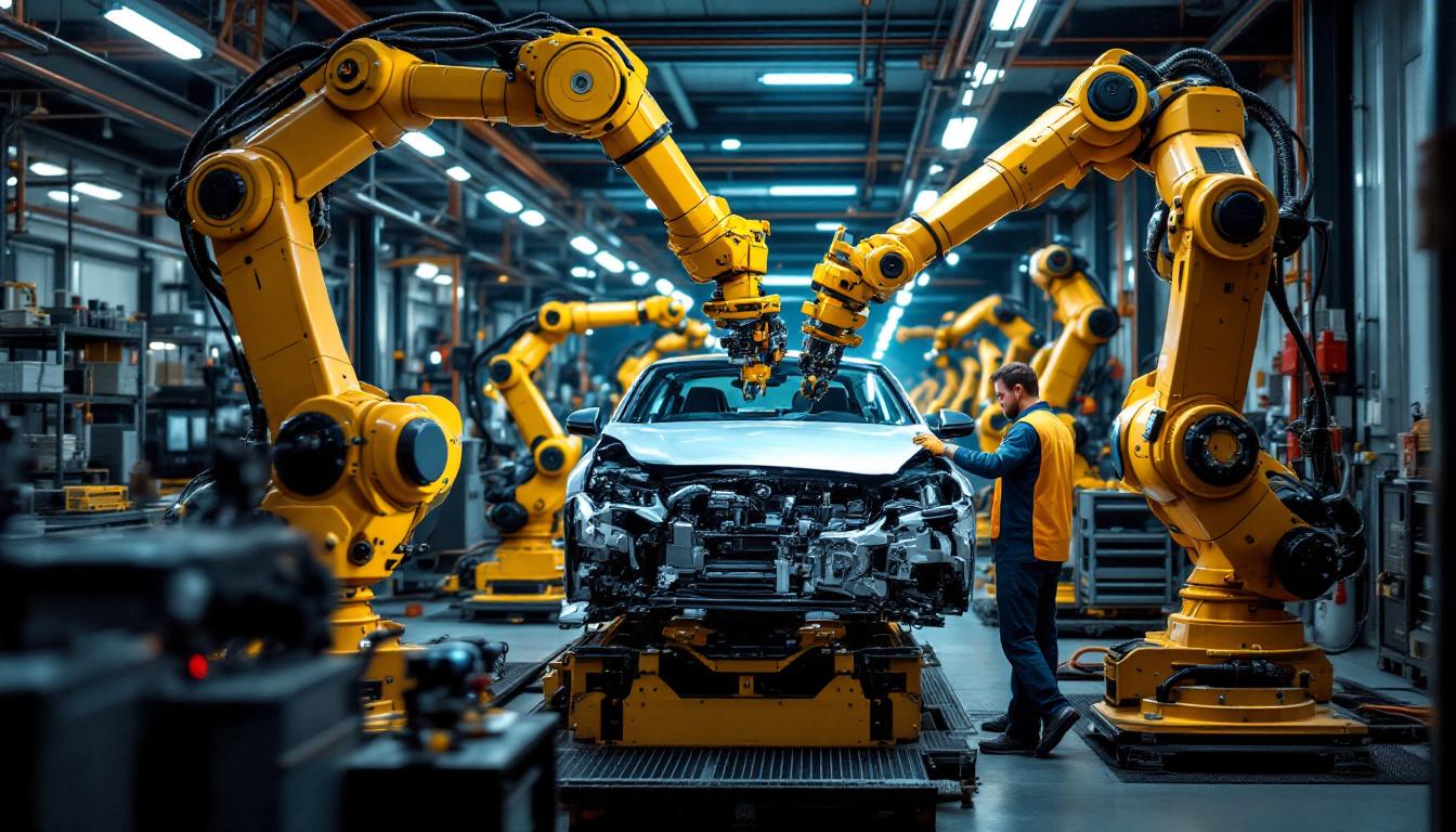 A photograph of a busy industrial collision center showcasing advanced robotic arms in action